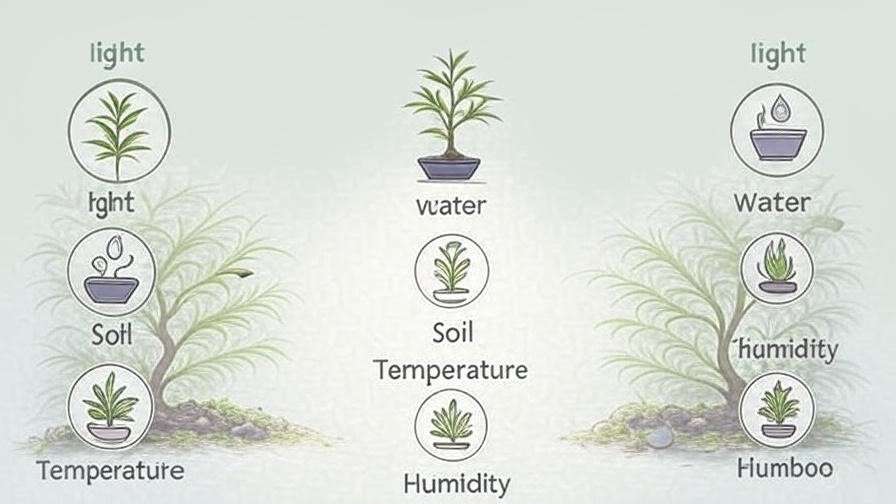 An infographic showing the essential factors for growing bonsai bamboo: light, watering, soil, temperature, and humidity.