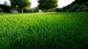 A lush, green lawn made of tall fescue grass, with trees and a serene background, ideal for a low-maintenance lawn care article.