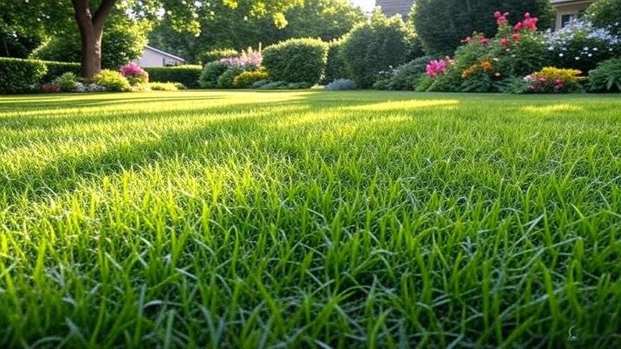  A wide shot of a lush, green astro turf lawn, ideally in a residential setting, showing its vibrant color and natural appearance.