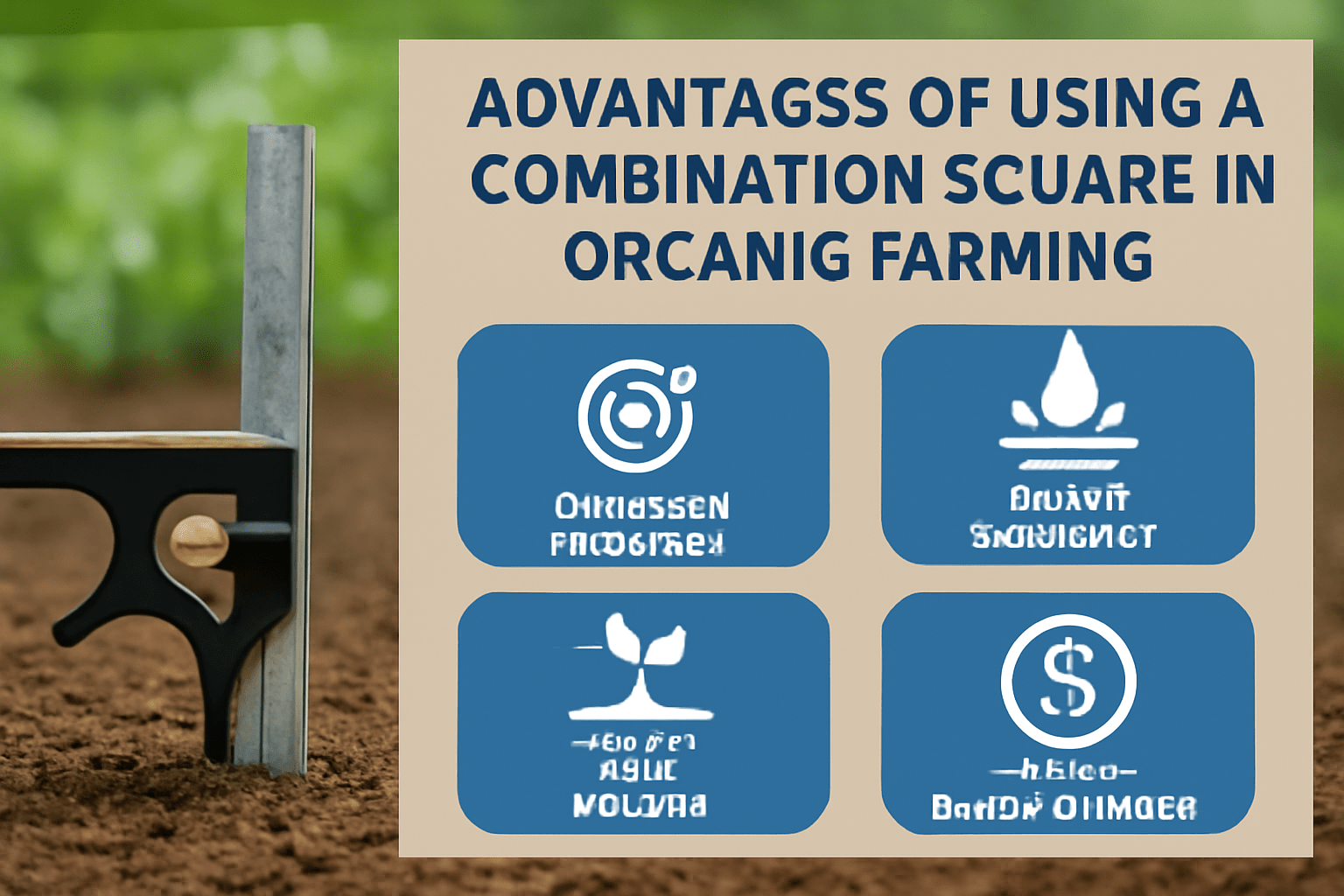 Infographic highlighting the advantages of using a combination square in organic farming. Focus on benefits like improved accuracy, water efficiency, soil health, and cost-effectiveness.