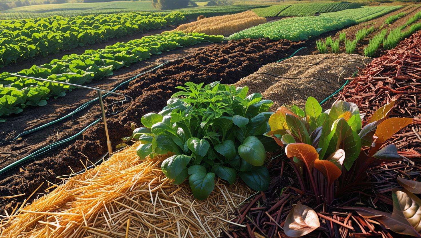 A wide view of a sustainable organic farm, with fields covered in a variety of organic mulches (straw, wood chips, leaves). The image should show the healthy, thriving crops and demonstrate the benefits of water conservation, soil protection, and sustainability in organic farming.