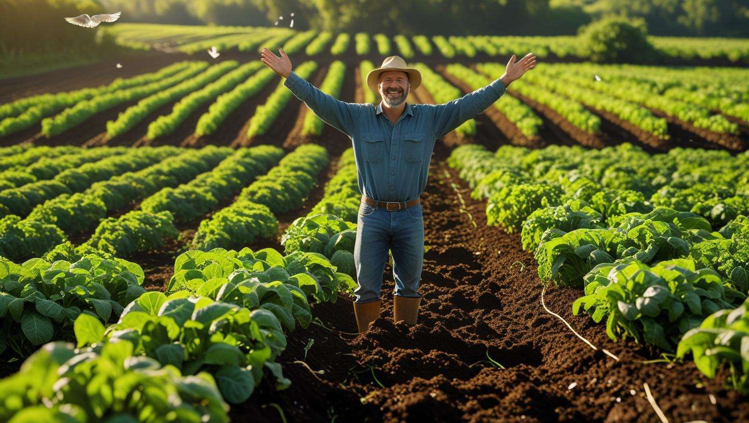  A happy organic farmer standing on healthy farmland, with rows of thriving crops in the background. The scene should reflect the success of using the Baumalight Mulcher, showing improved soil health and lush, green crops.