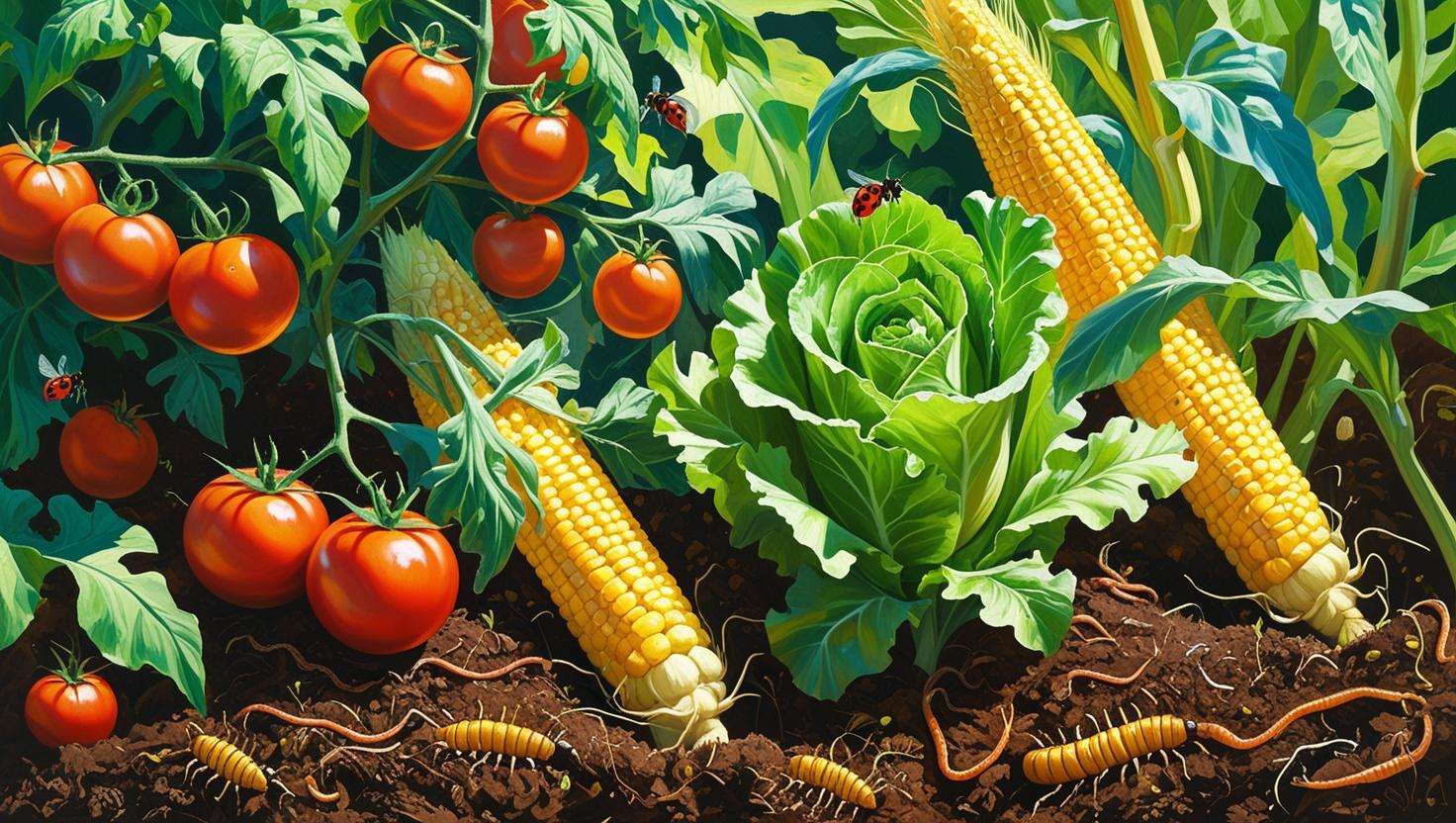 A vibrant painting depicting an organic farm bursting with diverse crops flourishing in rich, dark brown mulched soil. Visible details include plump, red tomatoes on the vine, vibrant green lettuce leaves, and golden ears of corn. Beneficial insects, such as ladybugs and bees, are delicately perched on the plants, alongside visible earthworms enriching the soil. The overall style evokes a sense of healthy, sustainable farming practices, bathed in warm, natural sunlight.