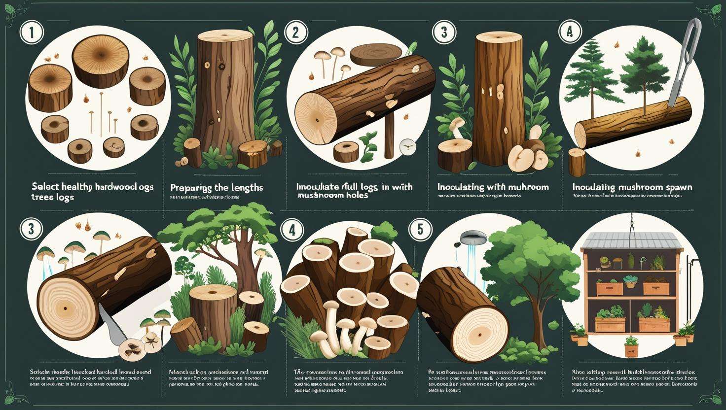 A step-by-step infographic showing the process of growing mushrooms on trees: 1. Selecting trees, 2. Preparing logs, 3. Inoculating with spawn, 4. Placing logs in ideal locations, 5. Maintaining humidity and temperature.