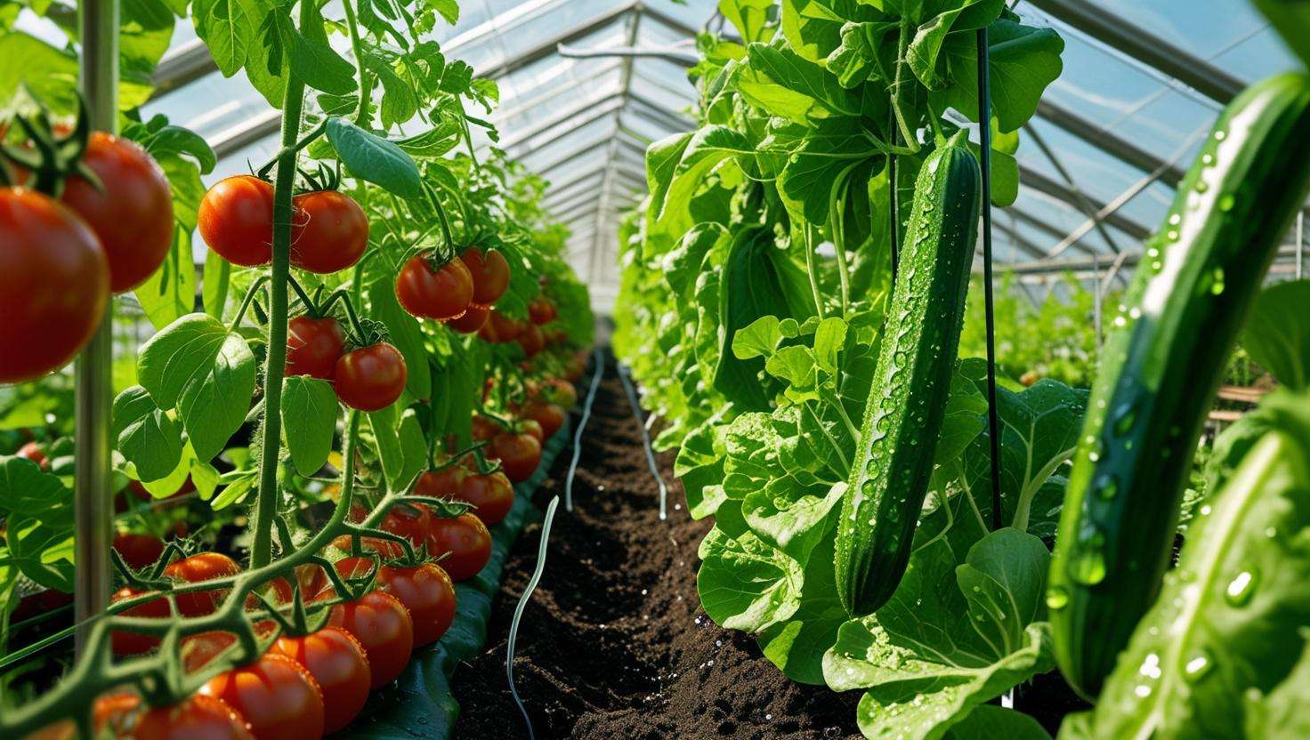 A lush, thriving organic farm or greenhouse, with vibrant crops and plants growing in healthy soil. The environment is clean, and no pests are visible. The overall scene reflects a successful, pest-free farm.