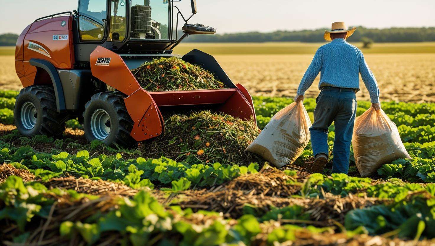 A farmer using a mulching machine to shred organic materials into mulch on-site, compared to another farmer hauling bags of pre-packaged mulch across the field. The setting is a wide, open farm field.