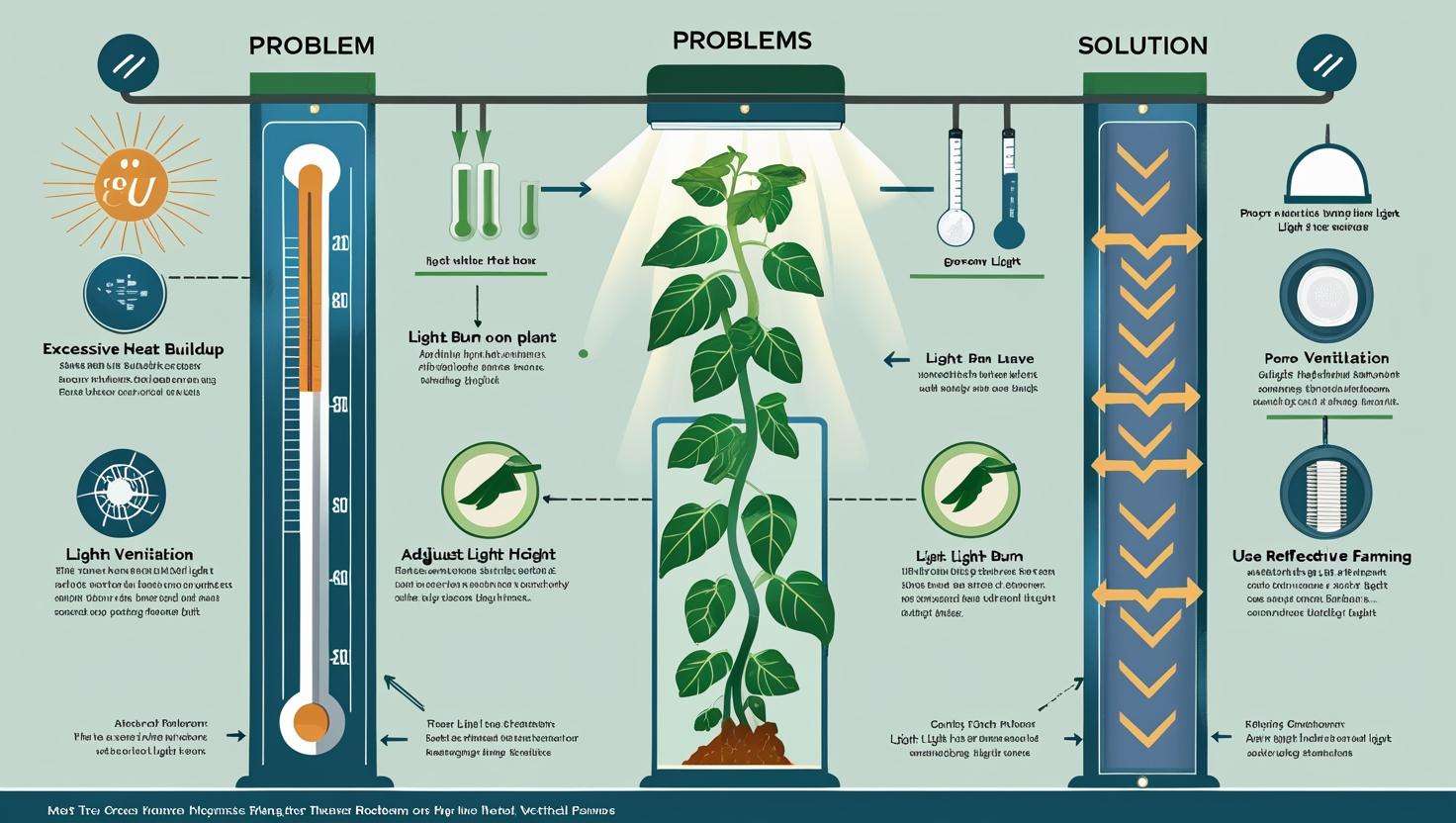 an infographic that visualizes common grow light problems and their solutions in a vertical farming environment. Show issues like heat buildup, light burn, and uneven light distribution, with corresponding solutions such as proper ventilation, adjusting light height, and using reflective materials. Use simple icons and arrows to make the information easy to understand.