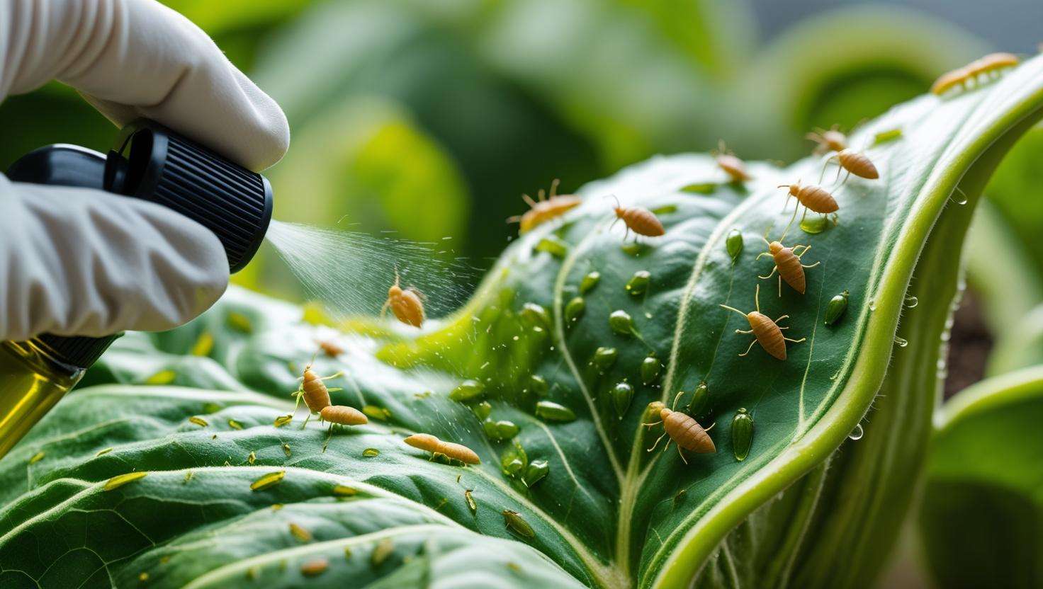 Close-up of pumpkin leaves with visible aphids and a hand spraying neem oil to control pests. The image should demonstrate an eco-friendly, natural pest management approach.