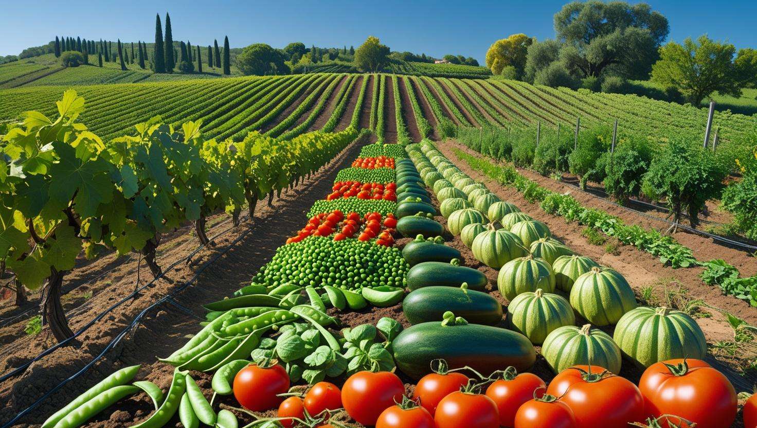 A scenic image of Domaine de L'Olivier farm in Avignon, with rows of grapevines, vegetables like tomatoes and squash, and legumes such as peas and beans. Show a well-maintained farm under the sun, emphasizing sustainable, organic farming practices