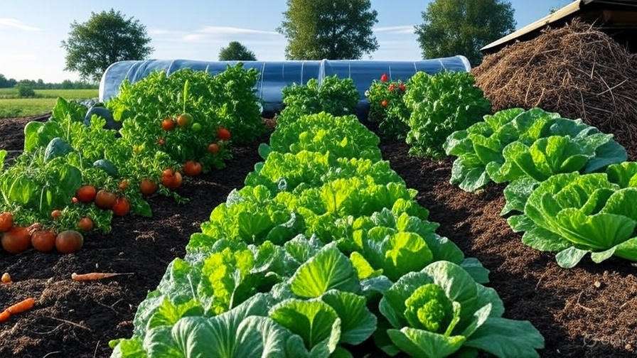 A small, sustainable farm with diverse crops growing side by side. There is a compost pile in one corner, and a rainwater harvesting system is visible. The image should show organic farming methods in action, emphasizing sustainability and resource efficiency