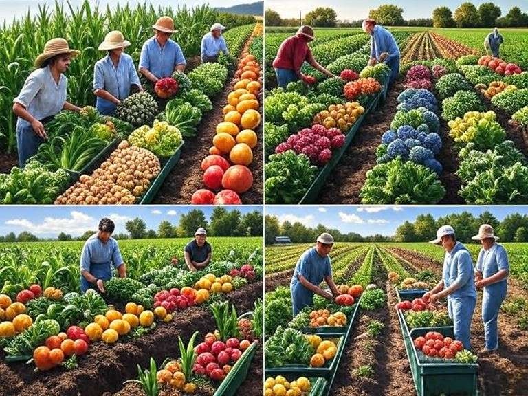 A collage of four small scenes representing different organic farms. Each scene should depict a unique farm strategy, such as a farmer rotating legumes and corn (Green Valley Farm), planting diverse crops (Sunshine Acres), or integrating cover crops to reduce erosion (Red Oak Organic Farm). Ensure each scene includes healthy crops, vibrant soil, and farmers engaged in organic farming practices.