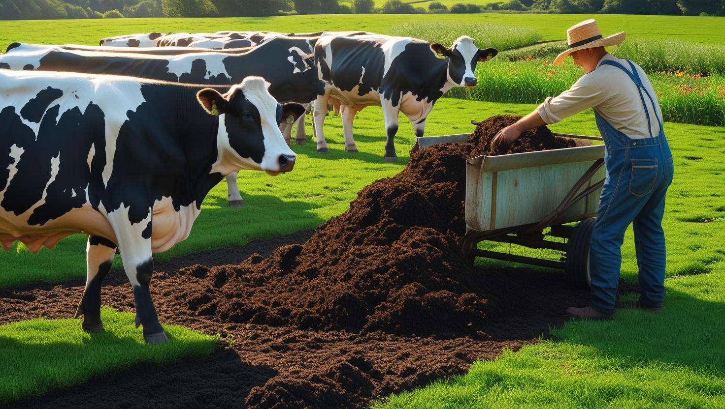 A pastoral scene on a dairy farm with Holstein cows grazing in vibrant pastures. A farmer is seen spreading composted manure along a strip of freshly tilled soil, showcasing the practice of natural fertilization and crop rotation in a healthy farm environment.