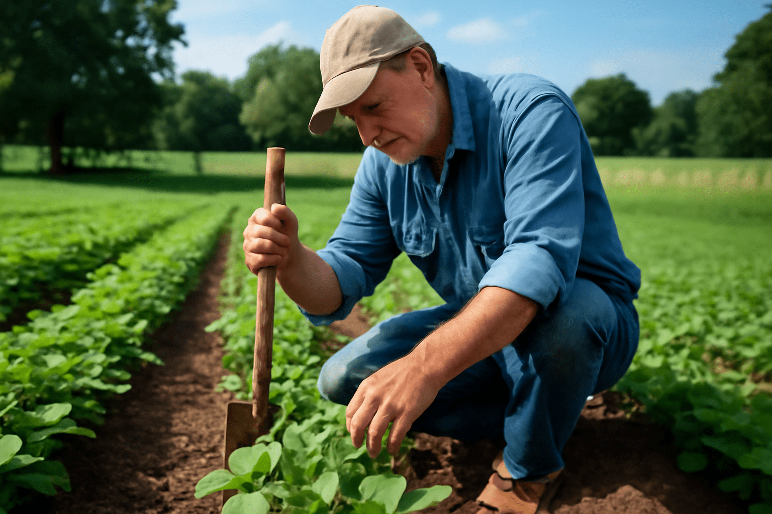 An older Caucasian farmer planting cover crops in a healthy farm field, with rows of vibrant green legumes growing under a clear sky, using a hand tool and surrounded by lush pastures.