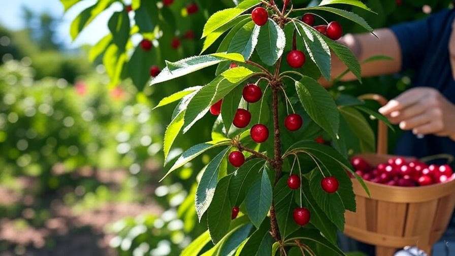  A close-up shot of ripe Nanking cherries being harvested or placed into a basket.