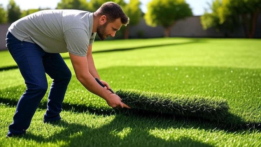  A person brushing artificial turf with a stiff-bristled brush, lifting the turf fibers and ensuring the lawn looks vibrant.