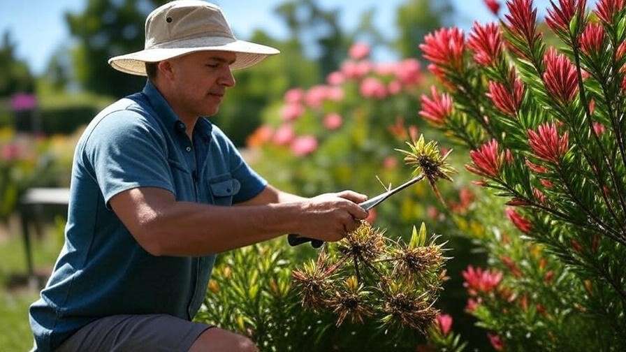 An image showing the pruning process of a Leucadendron, focusing on someone cutting back dead flowers and stems, or watering the plant.
