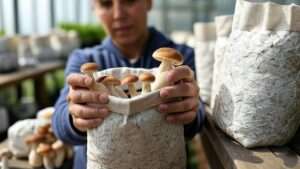 A person holding a mushroom grow bag filled with fresh mushrooms, with additional grow bags in the background on a wooden surface, set in a greenhouse environment.