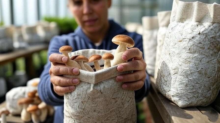 A person holding a mushroom grow bag filled with fresh mushrooms, with additional grow bags in the background on a wooden surface, set in a greenhouse environment.