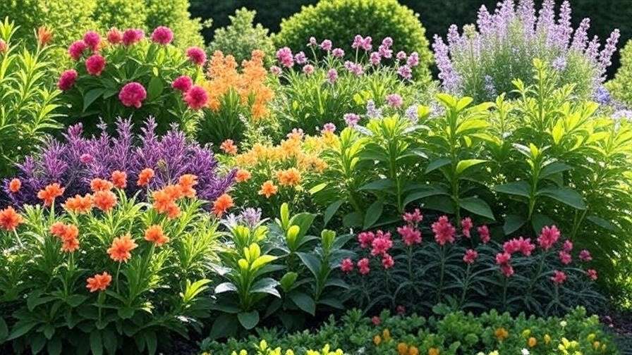 A vibrant garden featuring a variety of heat-tolerant plants, including tall sunflowers with bright yellow petals, purple lavender, and colorful pink and orange flowers, thriving under a clear sky with a wooden fence in the background.
