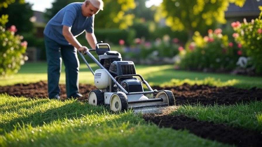 A person aerating their lawn with an aerator, preparing the soil for planting grass.