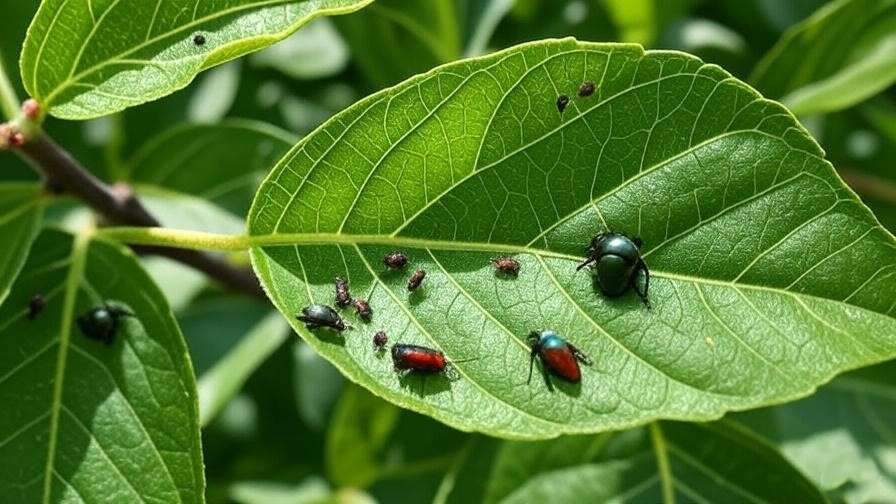 An image showing pests like aphids or Japanese beetles on the leaves of a Nanking Cherry plant.