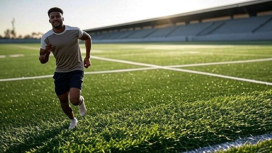 An image of an athlete running on a hybrid turf field, showing the playability and comfort it provides. It could also show athletes practicing different sports (e.g., soccer, football) on a lush, well-maintained field.