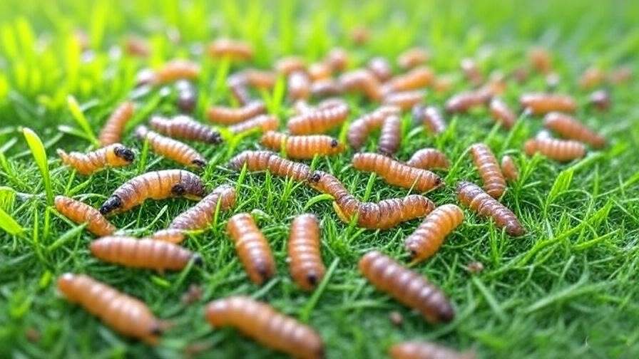  A close-up of some common lawn pests like grubs, chinch bugs, and ants. It can show these insects on grass blades, with emphasis on the damage they cause (e.g., yellowing or brown patches on grass).