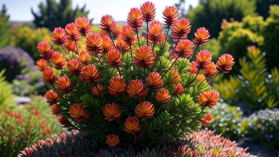 A vibrant leucadendron plant with striking orange-red flowers and lush green foliage, thriving in a colorful garden with a variety of other plants in the background under natural daylight.