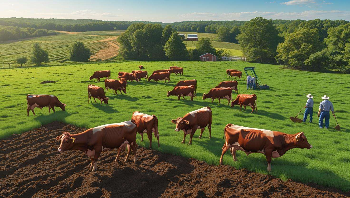 An inspiring image of a sustainable beef farm in Georgia with Hereford cattle grazing on lush pastures, two farmers working in harmony with the land, a well-maintained barn, and rolling green hills in the background. How Did Beef Become Important in Georgia Agriculture