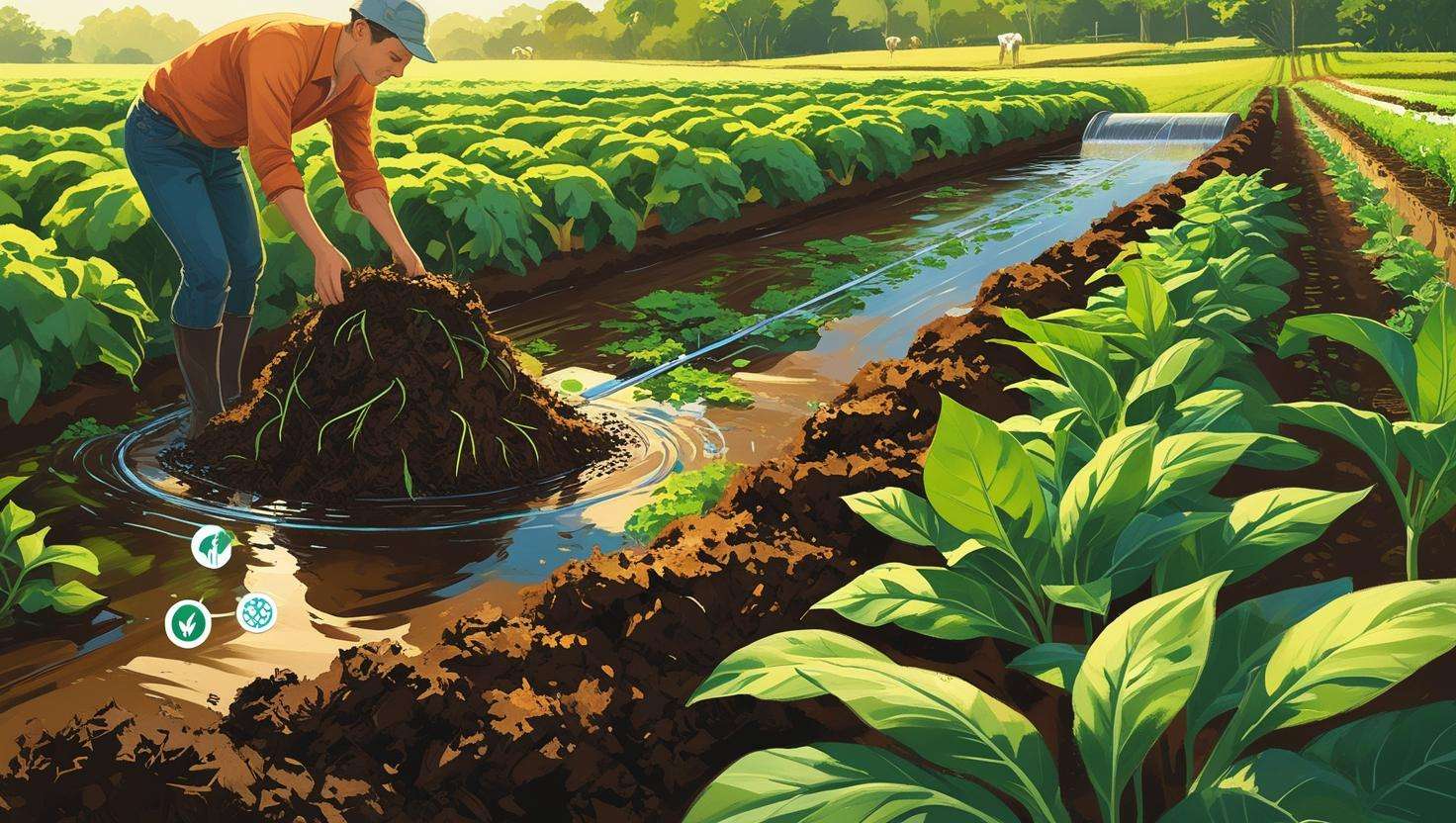 An eco-friendly, circular farm system with mulched organic materials being reused on the farm. The image shows the mulch being applied while natural resources like water, plants, and healthy soil are emphasized. A subtle overlay of carbon footprint reduction icons or symbols.