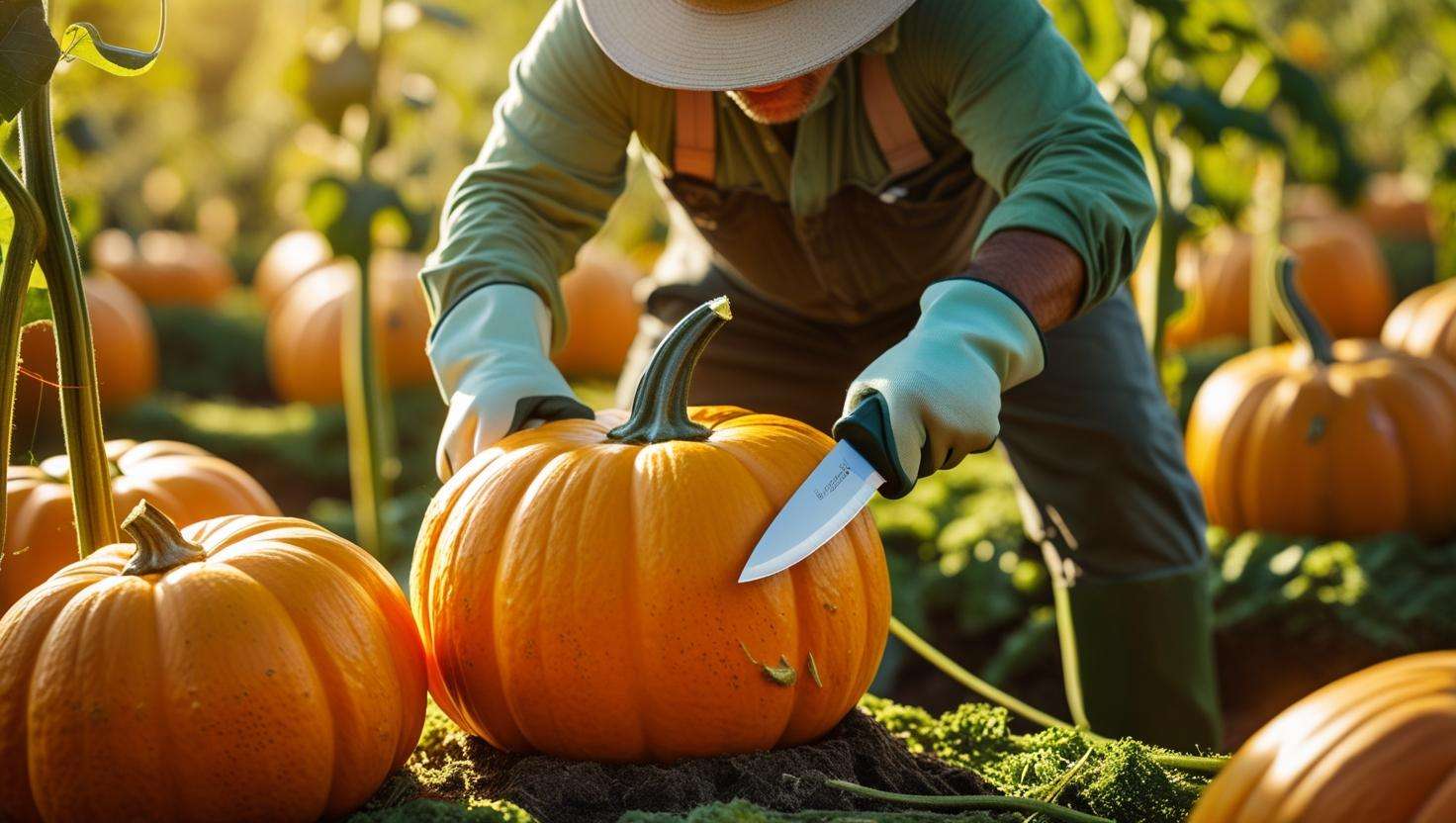 A gardener gently cutting a ripe pumpkin from its vine with a sharp knife. The pumpkin is vibrant and the stem is being carefully severed. A bright, sunny atmosphere.