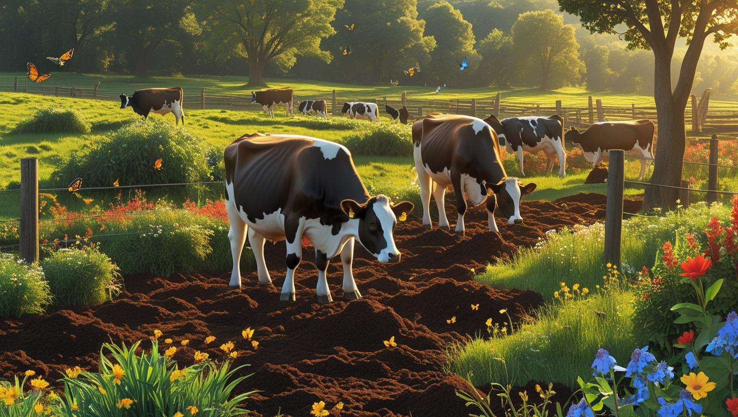 An organic dairy farm showcasing Holstein cows grazing amidst vibrant wildflowers, clover, and healthy pastures. The scene features rich soil, with butterflies and birds flying overhead, highlighting biodiversity and the harmony of organic farming practices.