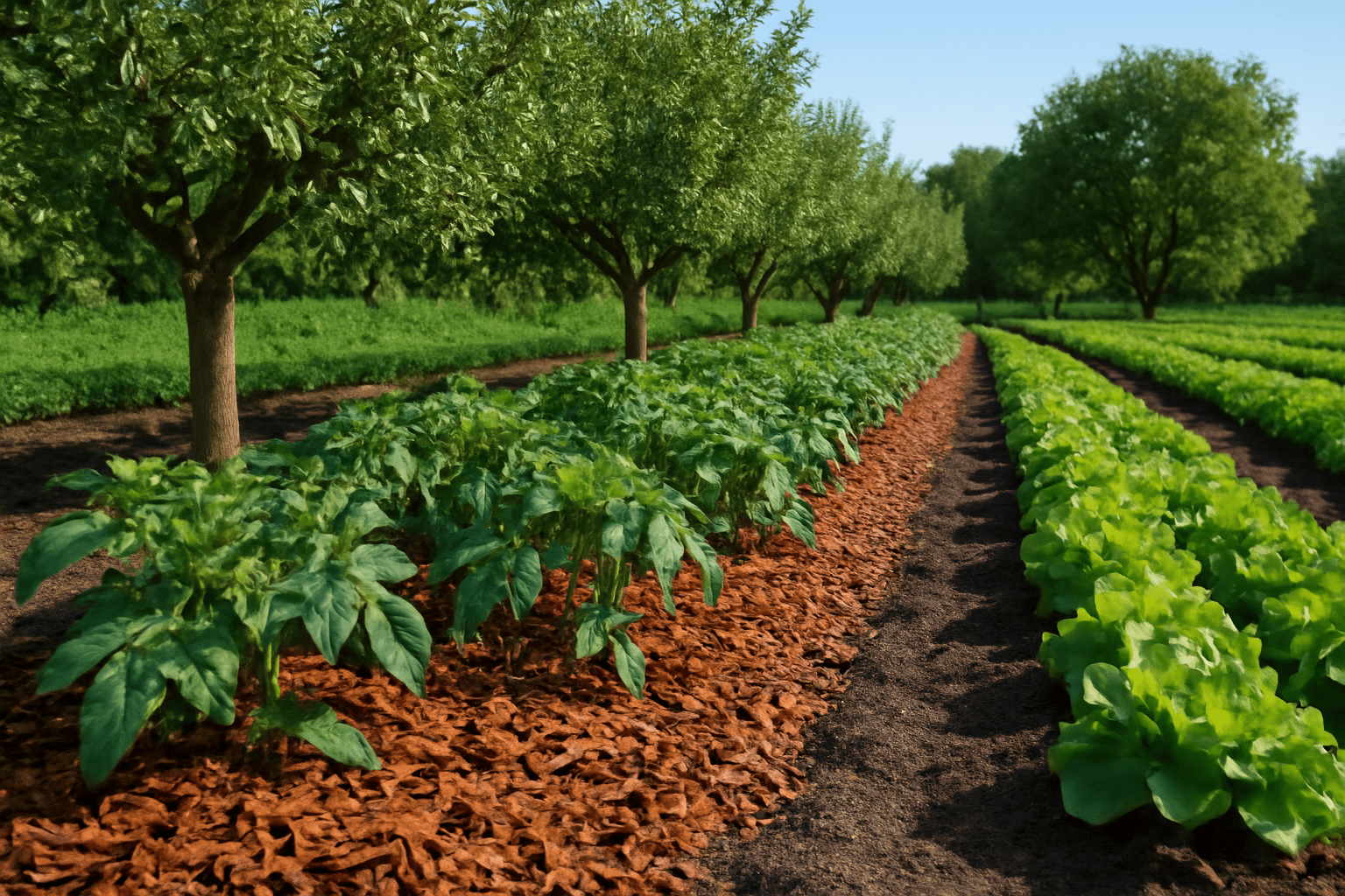 An organic vegetable farm or fruit orchard with lush, thriving crops surrounded by pine bark mulch. Healthy plants like tomatoes, lettuce, or apple trees are flourishing, with mulch visible around their bases, illustrating the benefits of pine bark mulch in real-world farming.