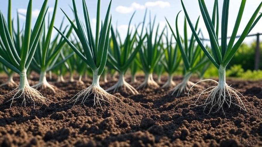 A sunny garden with healthy onion plants under ideal growing conditions. 