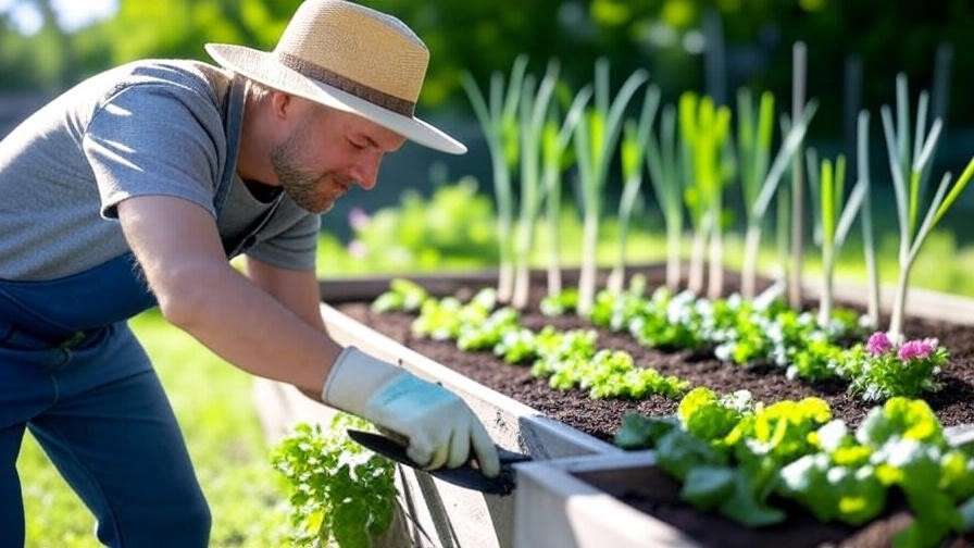 Someone planting onion sets or transplants in a garden bed. 