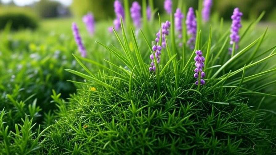 A close-up image of creeping lily turf with its lush, evergreen foliage and small purple flowers, showcasing the plant’s beauty. This can go alongside the section where you describe the characteristics of the plant.