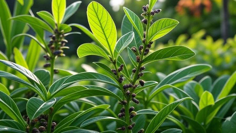 A lush green loroco plant with vibrant leaves and small budding flowers, thriving in a natural outdoor setting with soft sunlight filtering through the foliage.