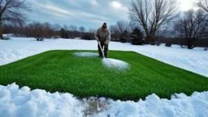 A well-maintained lawn in winter with a person applying fertilizer using a spreader, surrounded by light snow-covered ground and bare trees, featured as an image for an article titled "Winter Lawn Fertilizer: How to Choose and Apply for a Healthy Lawn All Year Long."