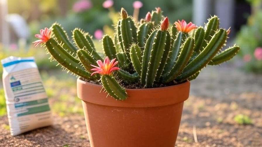 A vibrant cactus plant with green segmented stems and pink blooming flowers, growing in a terracotta pot, placed on a desert landscape with blurred mountains in the background, alongside a bag of fertilizer.