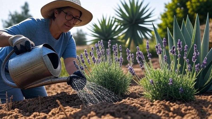 A gardener watering heat-tolerant plants like lavender or agave in the garden, showing proper watering technique.