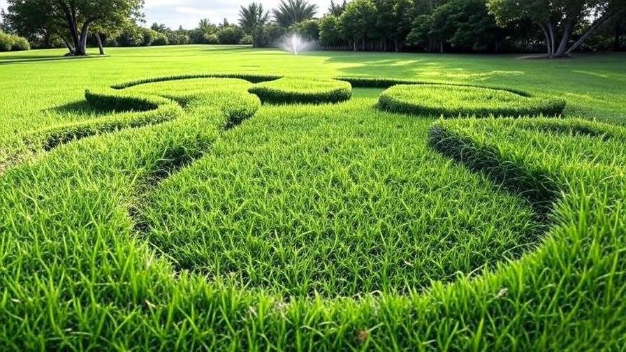 A wide shot of a perfectly manicured Bermuda grass lawn, looking lush and green, with a sprinkler system in the background, representing the results of proper care and fertilization.