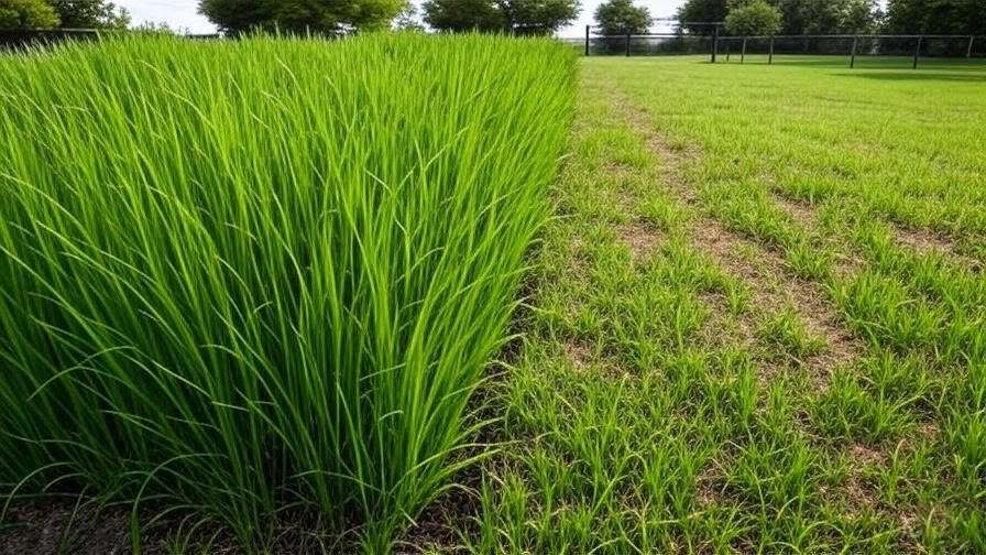 A side-by-side comparison of a well-maintained tall fescue lawn and a patchy, high-maintenance lawn.