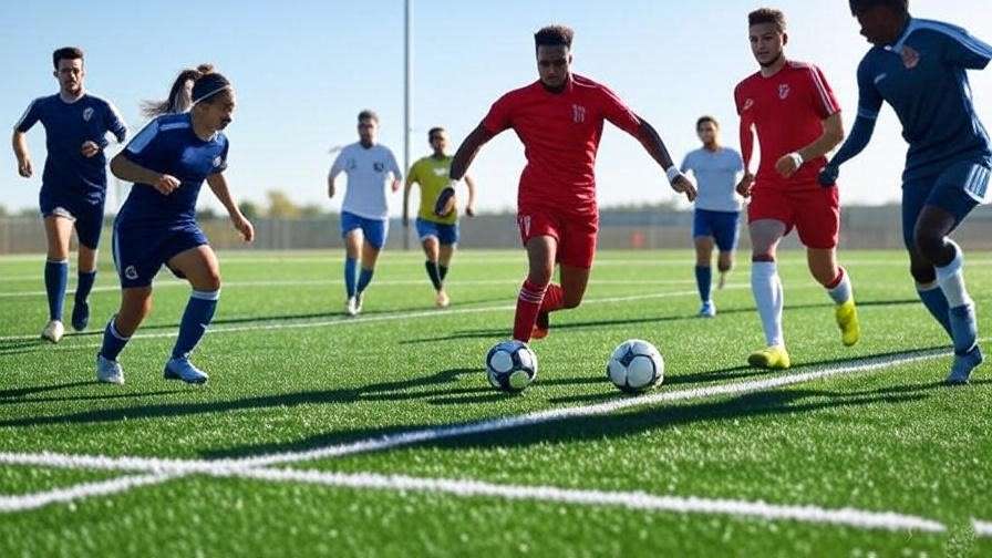 A wide shot of a sports field with athletes in action (e.g., soccer players or football players) playing on hybrid turf, showing the field’s ability to handle intensive use and harsh weather conditions.
