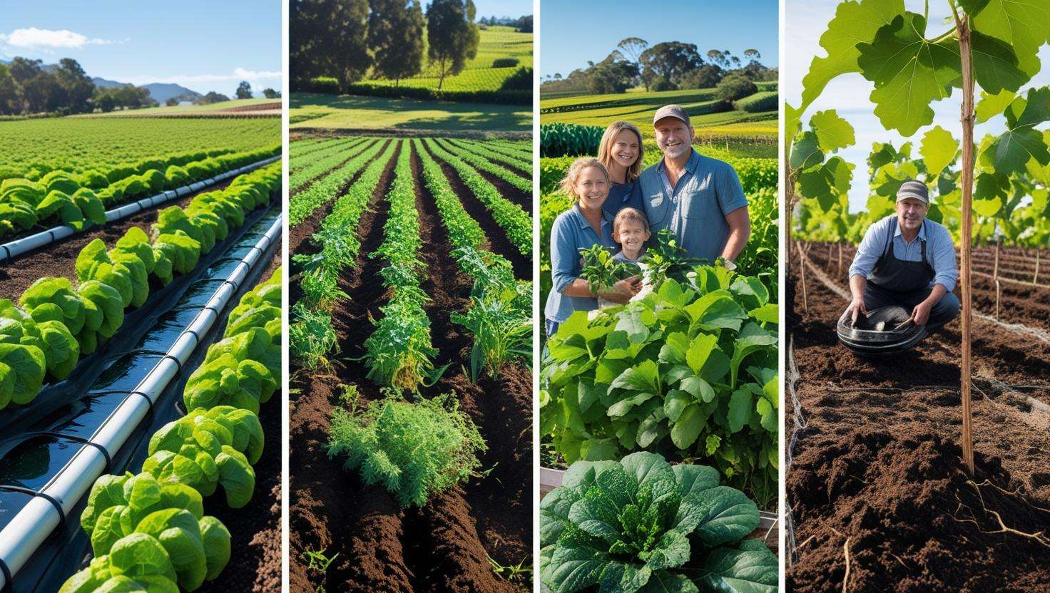  " split image showing diverse organic farms around the world: a California farm with water conservation, a European farm with soil fertility improvements, a New Zealand family farm reducing chemical use, and an Australian vineyard preventing soil erosion—all using mulcher mulch with visible positive results.
