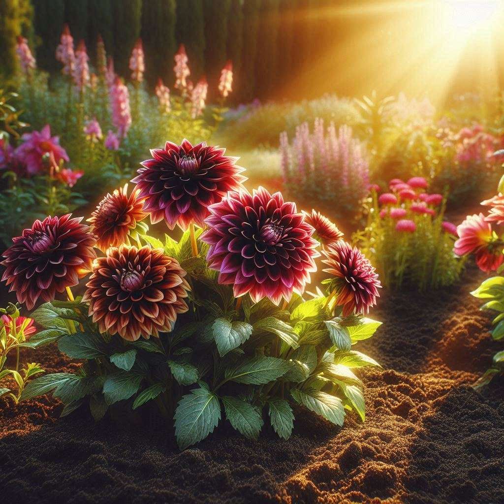 "Sunlit garden bed with Black Dahlia plants thriving in well-draining, loamy soil."



