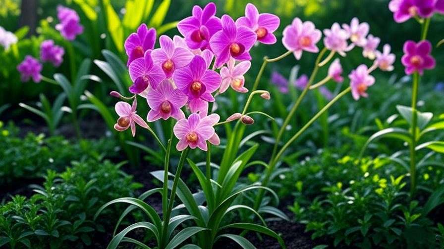 A vibrant garden scene featuring lush ground orchid plants with striking pink and purple blooms, growing in rich soil with green foliage, bathed in natural sunlight, highlighting their thriving beauty.