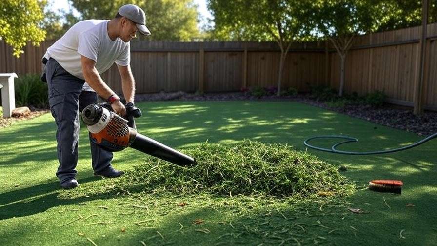 A person using a leaf blower on artificial turf to remove debris, with the lush green grass and clear sky in the background.