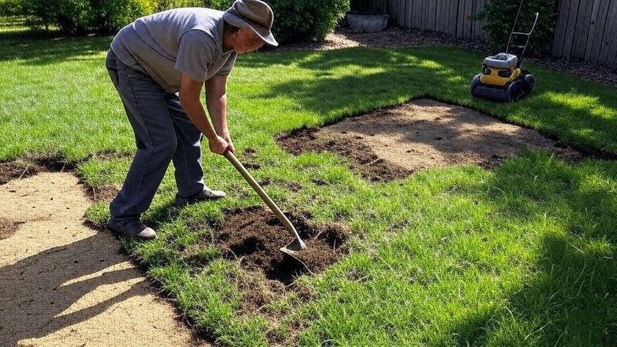 A step-by-step visual of someone preparing the ground (removing grass) and laying down the base material for artificial turf.