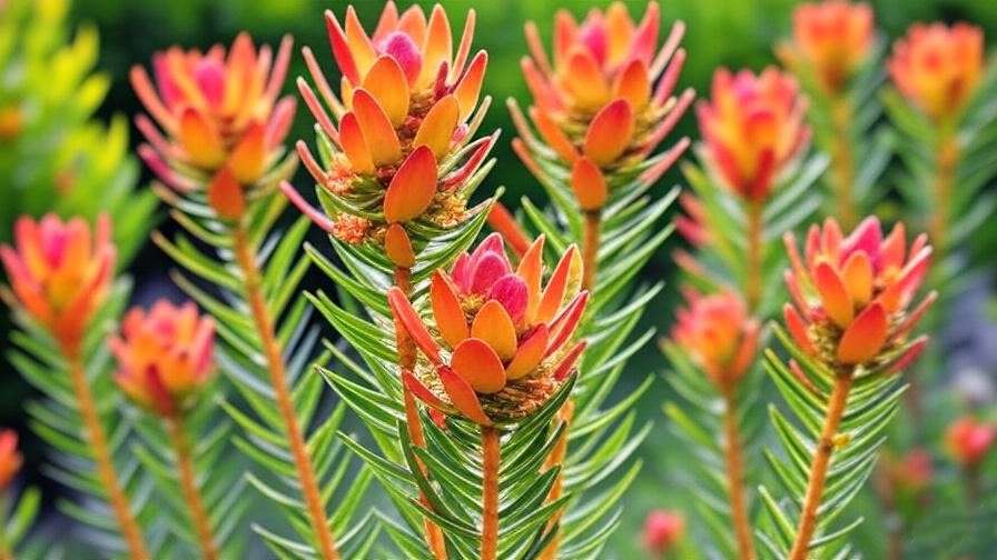 A high-quality image of a Leucadendron plant showcasing its colorful bracts and flowers. The image should highlight the vibrant hues of the bracts, which can range from red, pink, yellow, to orange.