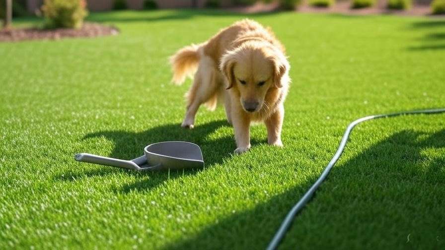 A pet-friendly artificial lawn with a dog playing on it, with some tools for cleaning pet waste (like a scoop) nearby.